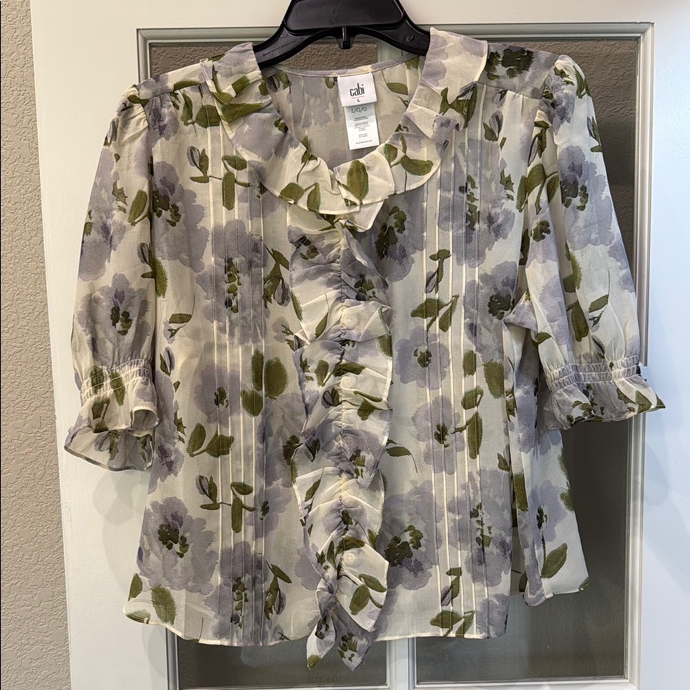 CAbi gray and green Ruffled Blouse with Peter Pan Collar